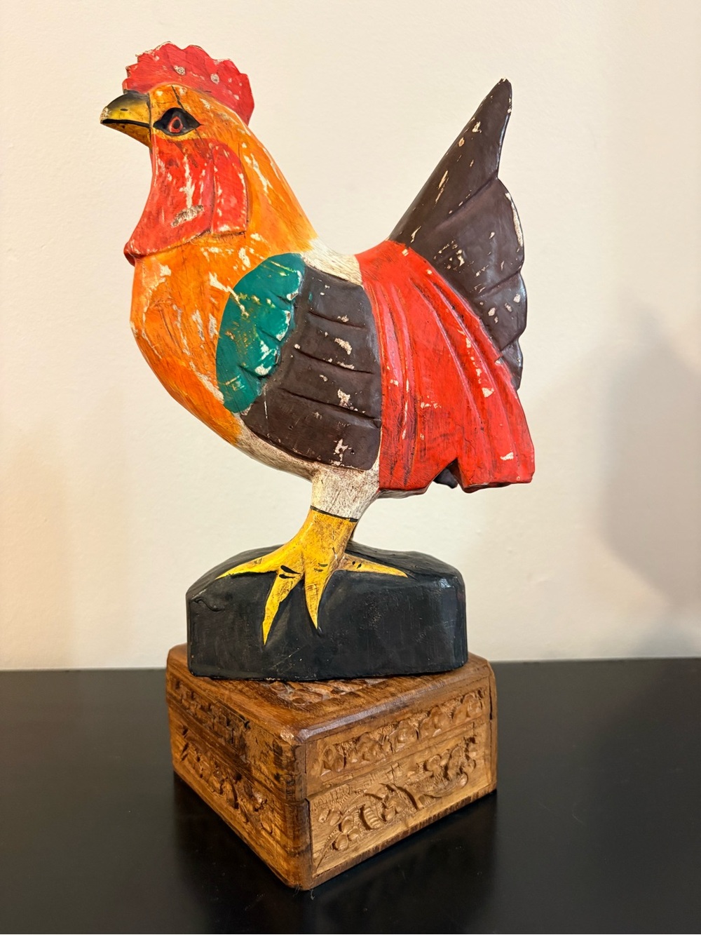 Vintage Handcarved Painted Wooden Rooster Statue - Multicolor